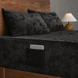 David's Home Velvet Fitted Sheet and Pillowcases Set Queen Size, Extra Deep Pocket up to 18", Soft Plush Fleece Bottom Sheet with Side Pocket & Elastic Corner Straps, Christmas Fall Winter, Black (Queen(60x80x18"+20"x30"(2)))