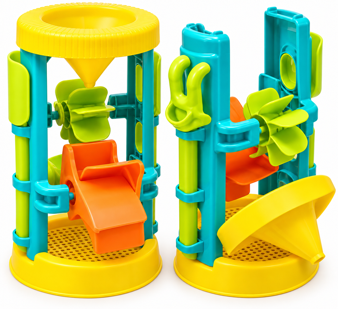 Kids Deluxe Sand and Water Wheel Tower Toy Set with Beach Bucket, Shovel, Rake, Watering Can, Sunglasses, and Animal Molds – 8-Piece Outdoor Sand Play Set for Toddlers with Mesh Storage Bag