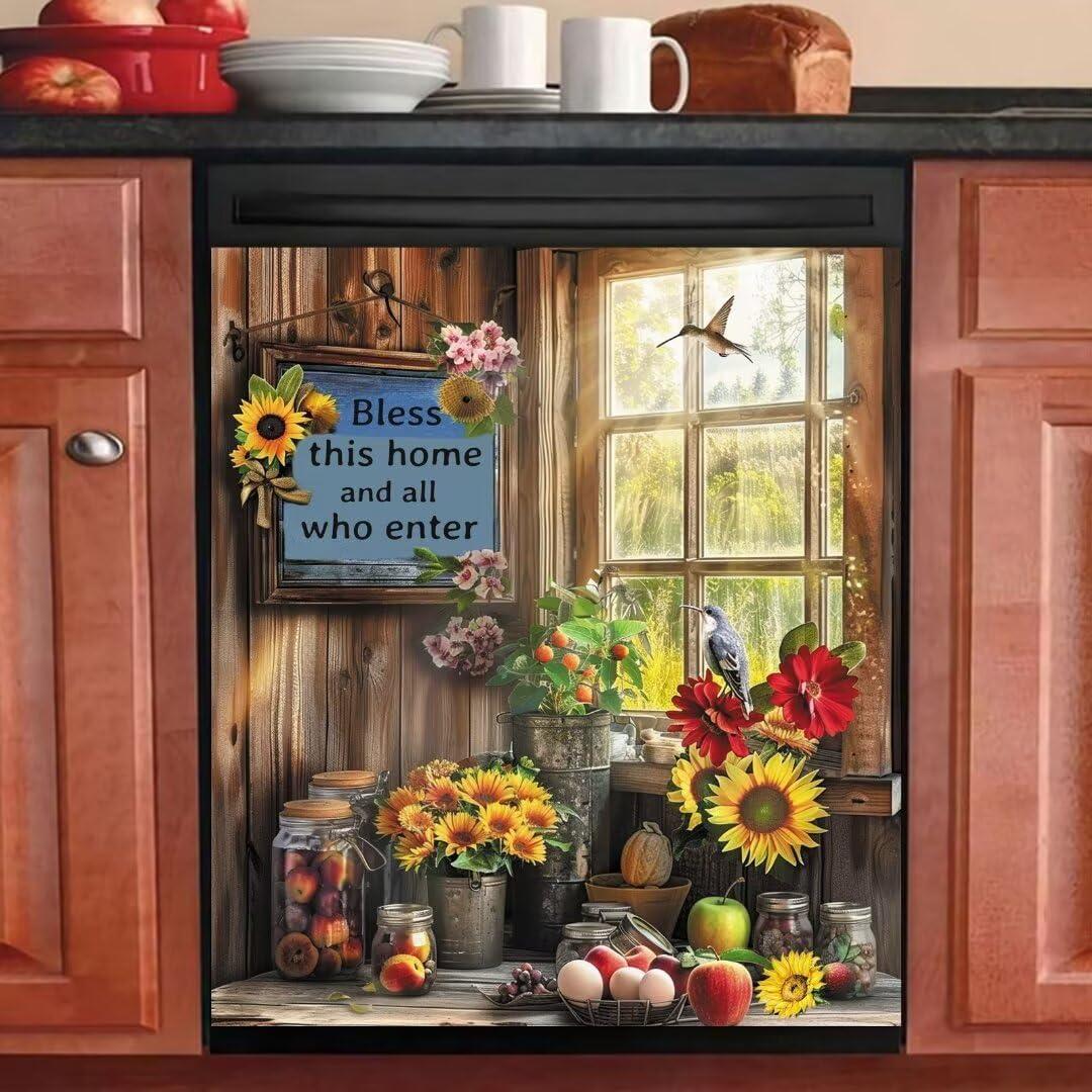 Pastoral Style Dishwasher Magnet Cover, Sunflower Birds Magnetic Dishwasher Door Decal Apples Floral Magnets Kitchen Decorative Sticker Refrigerator Magnets Decor Appliance Panel, 23x26 in, Magnet: 23Wx26H inch