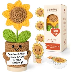 Funny Sunflower Birthday Gift  Handmade Crochet Plush with 30 Sassy Affirmation Cards  Unique Keepsake & Desk Decor for Women, Friends, Coworkers, Sisters or Classmates for Her or Him (Brown)