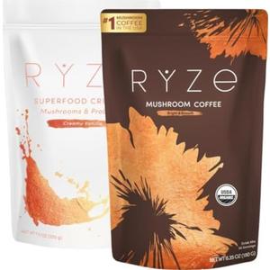 RYZE SUPERFOODS RYZE n Shine Bundle, USDA Organic Mushroom Medium Roast Coffee + Probiotic Coffee Creamer with 6 Adaptogenic Mushrooms for Better Energy, Focus, Digestion, Immunity, 30 + 30 Servings