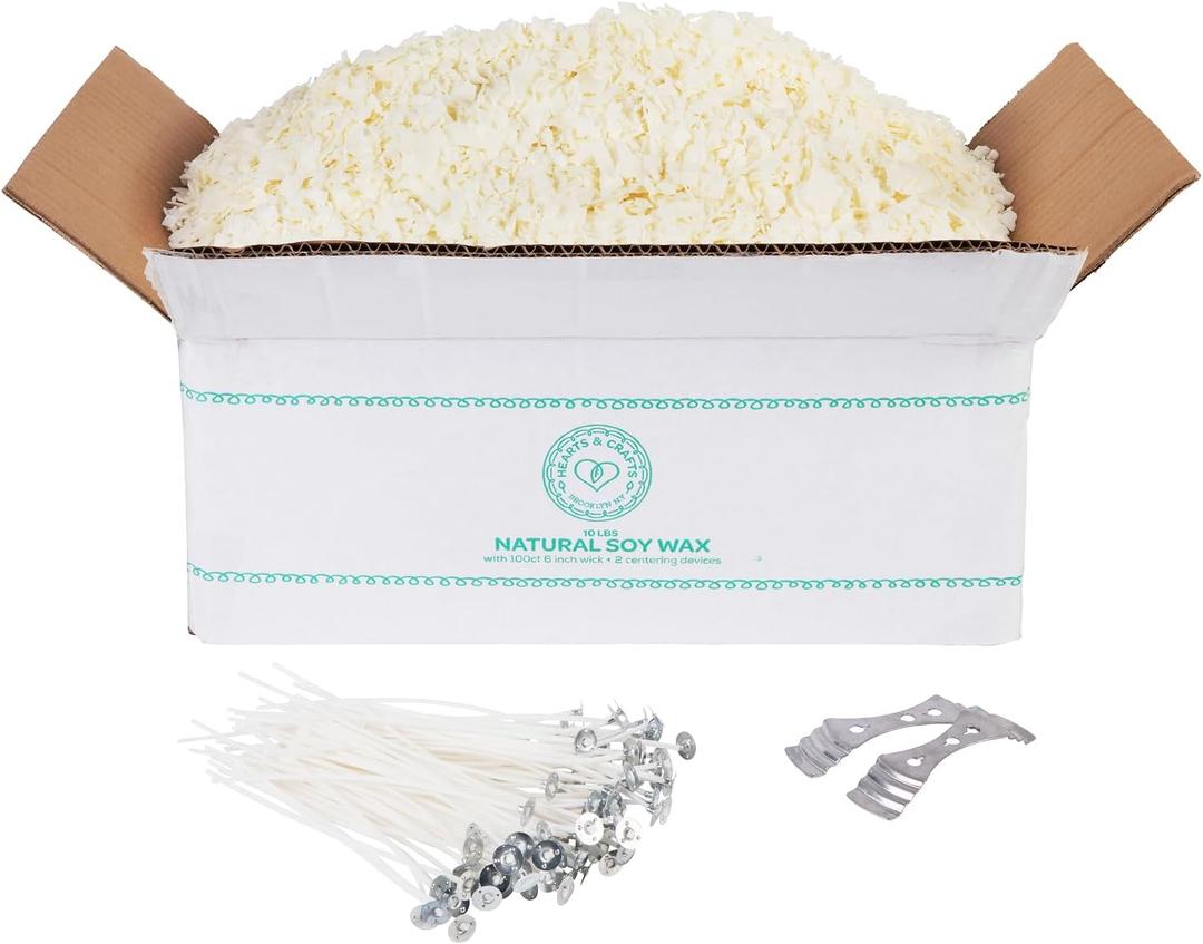 Hearts & Crafts Soy Candle Wax Kit - 10 lb Wax Flakes with 100 Cotton Wicks and 2 Wick Holders - DIY Supplies for Crafting Candles, Tarts, and Scented Creations
