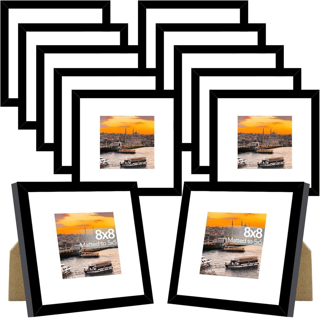 JCJMY 12 Packs 8x8 Picture Frames, Display 5x5 with Mat or 8x8 without Mat, Square 8 by 8 Frames Bulk Set of 12 Collage Wall Decor Photo Frames Set for Wall and Tabletop, Black