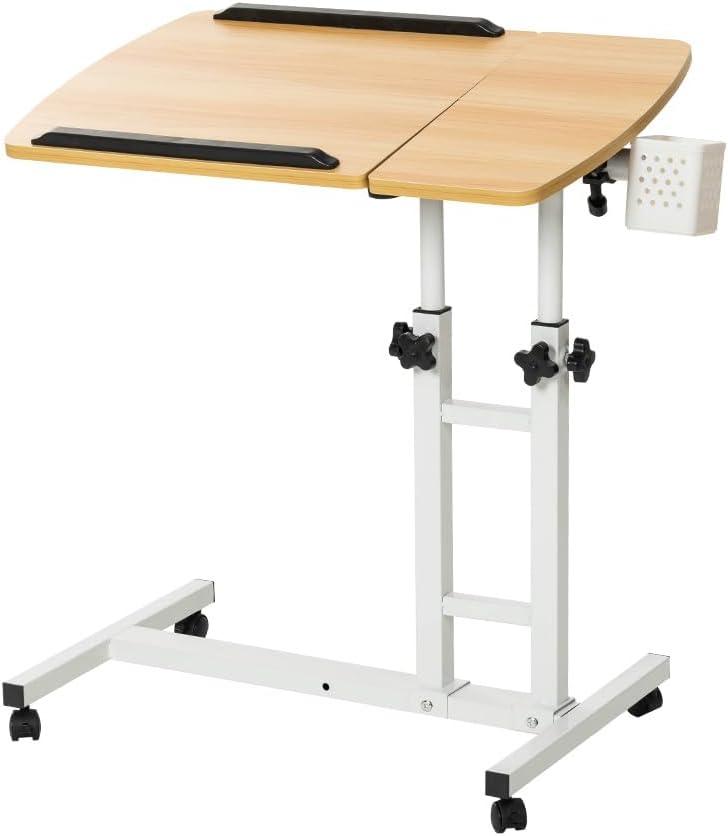 Bedside Table with Wheels, Height-Adjustable Laptop Desk, Computer Workstation, Bed Side Table, Tiltable Table and Mouse pad for Laptop-Light Brown, 25.19 inches x 5.75 inches x 25.6 inches