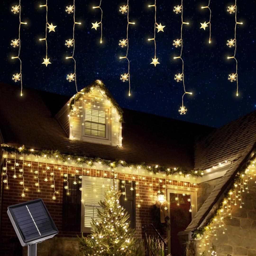 Newhale 30.5FT Solar Christmas Icicle Lights for Outside, 8 Modes Snowflake & Star Eaves Christmas Decorations, Waterproof Outdoor Solar String Lights Decor for Gazebo, Patio (Warm White)
