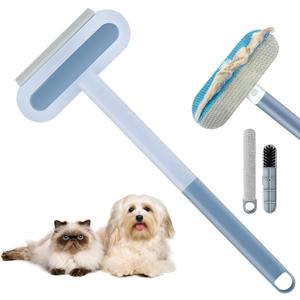 Reusable Pet Hair Remover Brush, 4-in-1 Multifunction Pet Hair Removal Tool with 17.7" Extra Long Handle for Furniture, Car, Carpet & Multi-Surfaces (Blue)