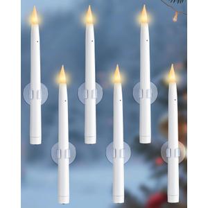 10.5" Window Candles Battery Operated with Suction Cups, Dusk to Dawn LED Flickering Candle Lights for Window, Flameless Taper Candlesticks for Christmas Holiday Decor, 6 Pack, White