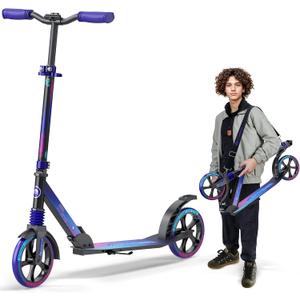 Outdoor Cruiser Kick Scooter for Ages 6+, for Kids, Teens, and Adult, Max Load 250 LBS, Foldable, 8-inch Big Wheels, Dual Suspension, 3 Adjustable Levels, Child Safety Approved, Blue, Purple, & Pink