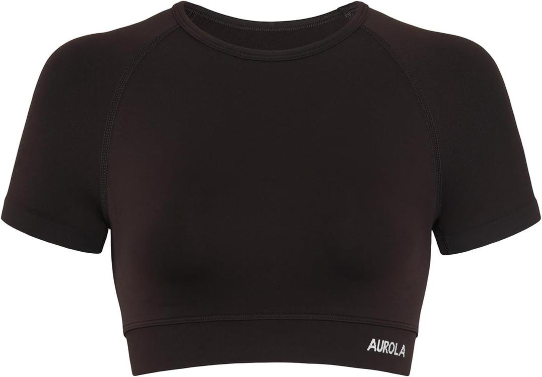 AUROLA Influence Crop Top Workout Shirts for Women, Ultra-Soft Seamless Gym T Shirts Short Sleeve Running Workout Tops (Medium, Coffee)