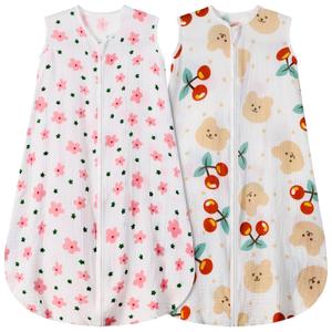 2 Pack Baby Sleep Sack 12-18 Months 100% Organic Cotton Muslin Baby Sleeping Bag 2-Way Zipper Wearable Blankets (Flower & Cherry, Large)