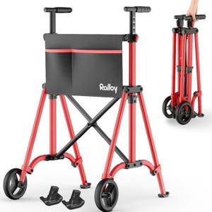 Folding walkers for seniors, Lightweight Compact Travel Walker, Fully Assembled Rolling Walker with 2 Wheels, Storage Bag, 2 Skis, Adjustable Height for Tall Over 6 ft, Aluminum Frame Supports 400 lbs (Standard, Red)
