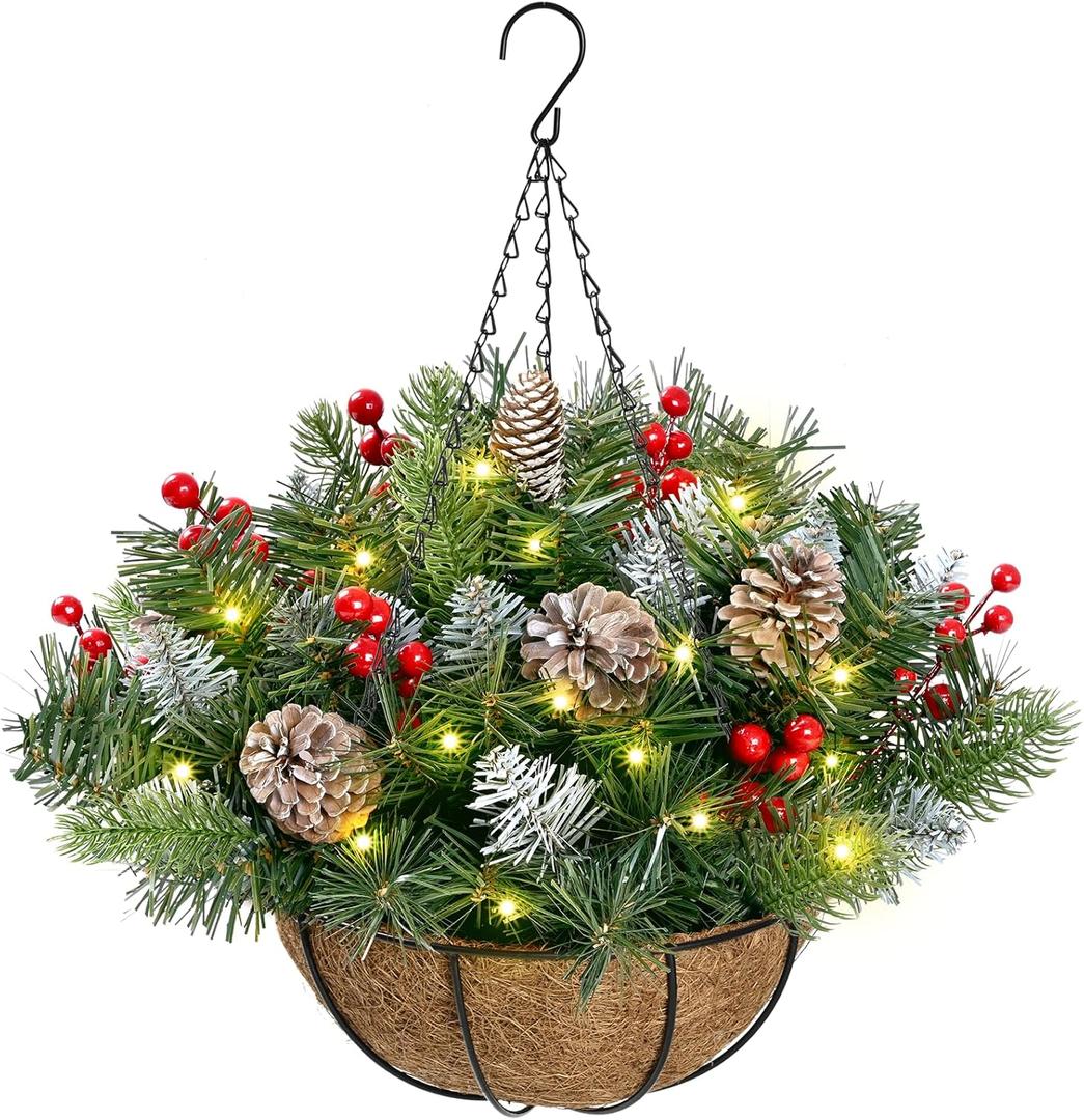 Waipfaru Outdoor Christmas Porch Decorations, Christmas Hanging Baskets with Lights for Outdoors, Artificial Xmas Greenery for Front Porch Patio Outside Urn Fillers Winter Decor