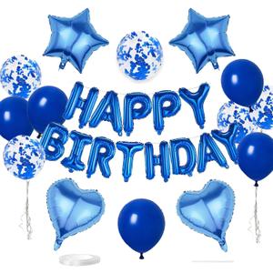 27 Pcs Dark Blue Birthday Decorations, 3D Foil Dark Blue Happy Birthday Balloon Banner, Pentagram Heart Foil Balloons Confetti Balloons Kit For Boys Girls Birthday Party Supplies