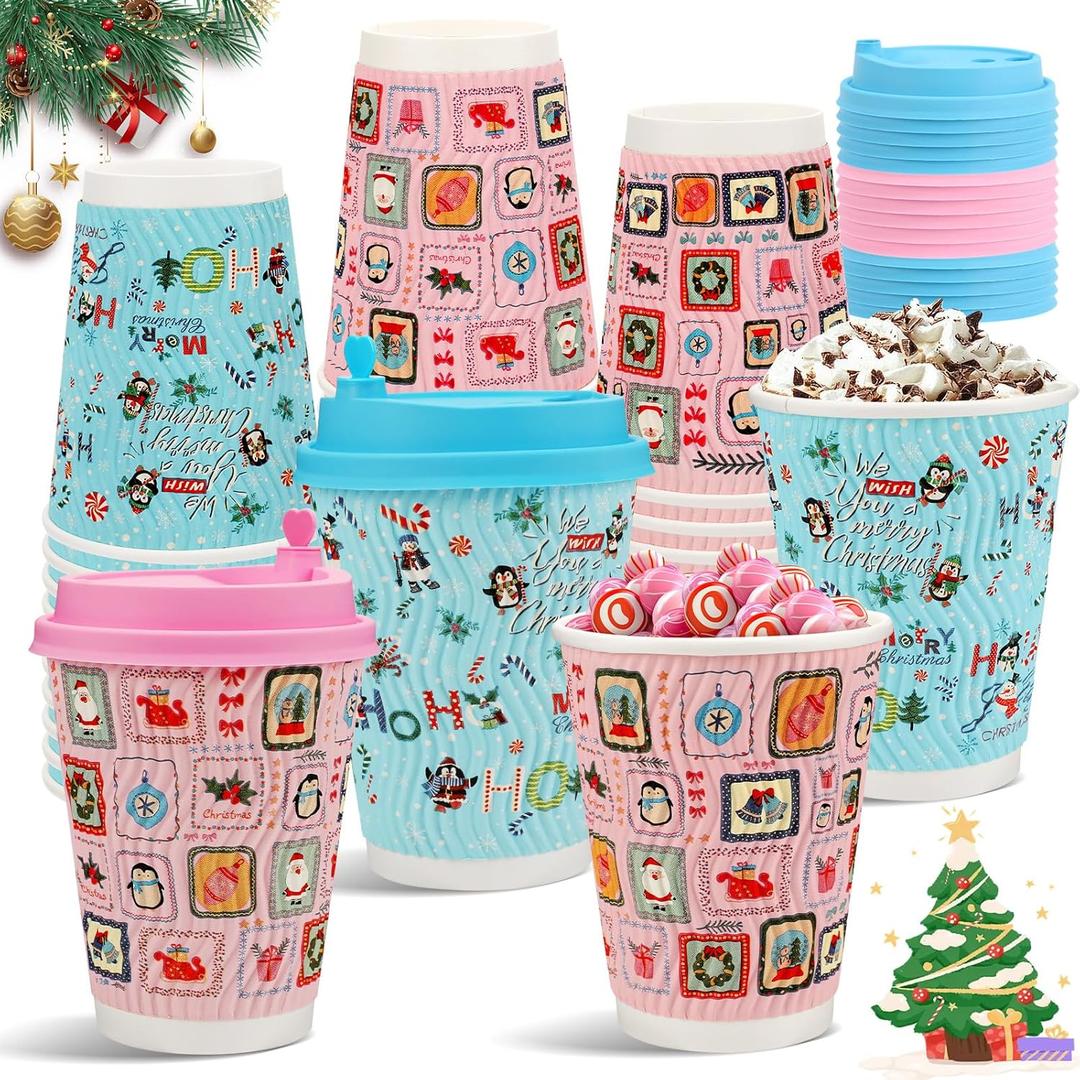 50 Pcs Christmas Disposable Coffee Hot Drink Cups, 12 Oz Xmas Winter Insulated Corrugated Ripple Wall Pink Blue Paper Cups with Pink Blue Lids for Christmas Party Home Office Decoration Supplies