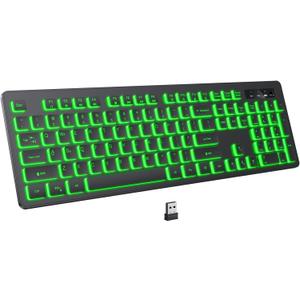 Backlit Wireless Keyboard, 2.4G Silent Wireless Light Up Keyboard, Full Size Computer Keyboards with 7 Colored Backlits, Rechargeable Keyboards for Windows, PC, Laptop (Black, Normative)