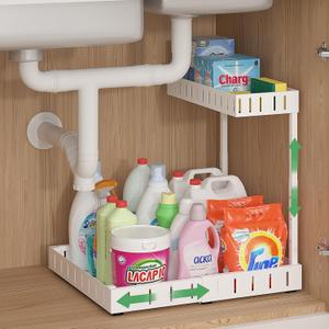 REALINN Under Sink Organizer, 2 Tier Expandable Under Cabinet Organizer, Heights Adjustable Pull Out Storage for Kitchen Bathroom Laundry, White, 1 Pack