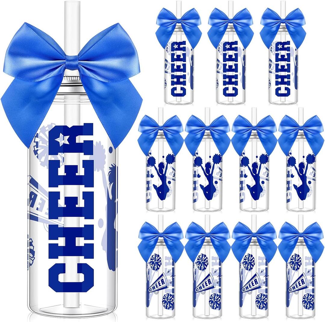 12 Pcs Blue Cheerleader Gift Bulk for Team Cheer Cups 14 oz Bow Water Bottle Plastic Cheer Tumblers with Lid and Straw for Cheerleader Sport Party Favor Gift