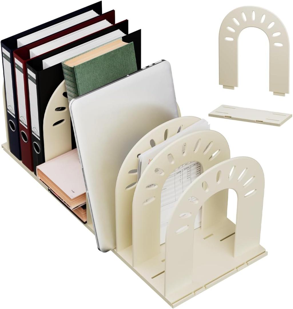 Adjustable Vertical File Sorter, Sturdy Plastic Expandable Upright File Holder for Notebooks, Magazines, Desktops, Bookshelves and Offices, Easy to Assemble and Expand, White