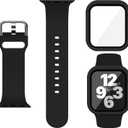 Sport Silicone Band and Case with Screen Protector for Apple Watch Series 9, 8, 7, 6, SE, 5, 4 (Black)