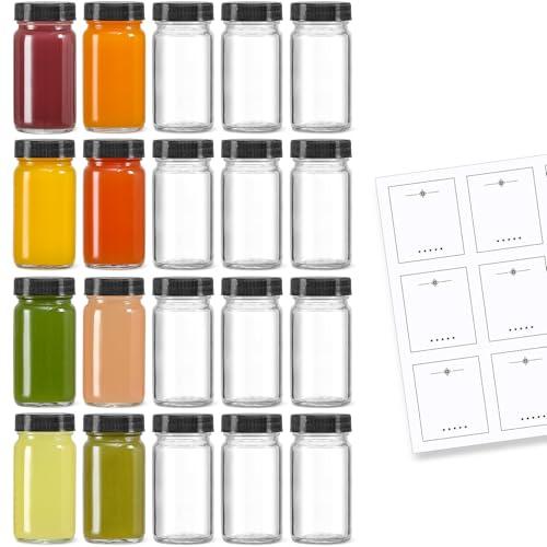 19 PACK 2 oz Glass Shot Bottles w/ Black Lids & 20 Labels - Small Clear Jar for Ginger, Wellness Shot, Juice, Sample, Whiskey - Travel Essentials Mini Bottles - Wide Mouth, Leakproof, Dishwasher Safe