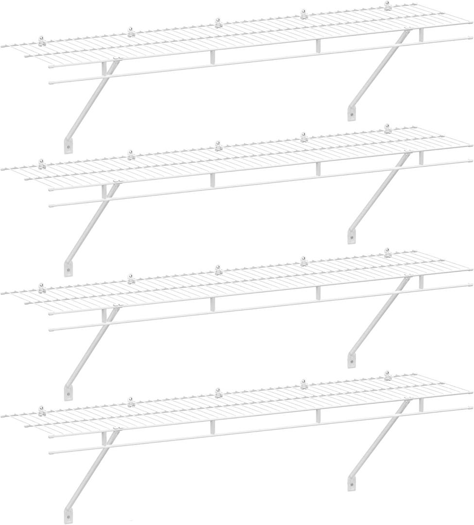HAUSHOF Closet Shelves Wall Mounted 4-Pack, 4 ft x 12in White Wire Shelving for Laundry Room, Closet, Basement Organization and Storage