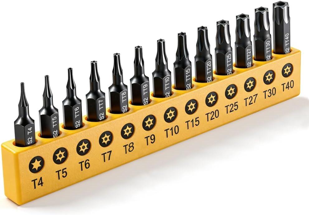 Torx Star Punch & Security Bit Set 13PCS 1-Inch, S2 Steel Tamper Proof Bits with Hole (T4, TT5-TT40) for Electronics, Auto & Impact Driver, 1/4" Hex Shank Specialty Bits