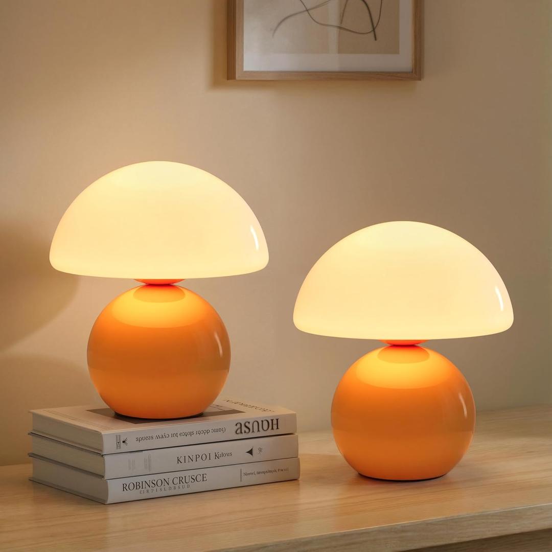 NIORSUN Mushroom Lamp Table Lamp for Bedroom, Portables Cordless Table Lamps Set of 2,Wireless lamp,Bedside Tables Touch for Living Room,Mini Mushroom 5200mAh Battery Operated Lamps Modern Orange