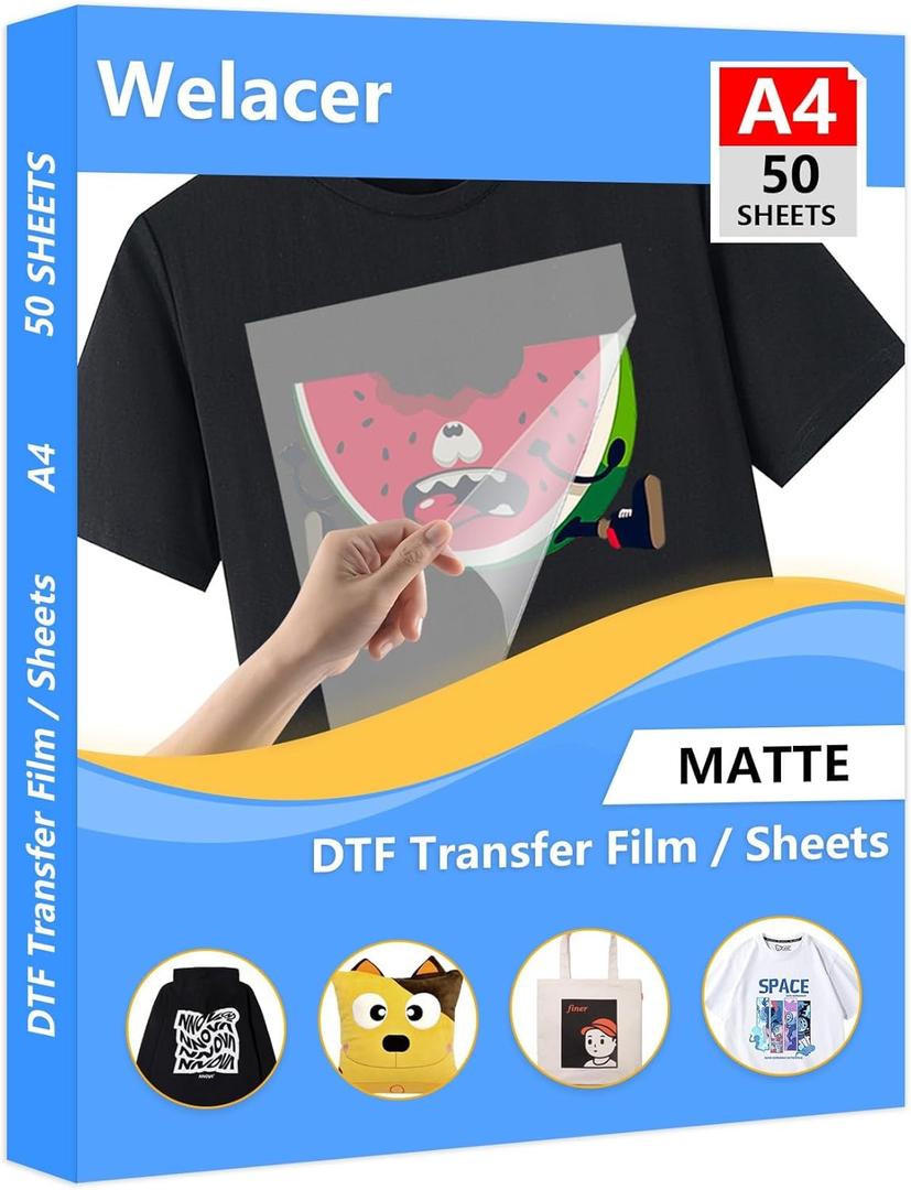 DTF Transfer Film A4 50 Sheets for Sublimation or DTF Inkjet Printer, Double-Sided Matte PET Heat Transfer Paper, Direct Printing on T-Shirt and All Color Fabrics