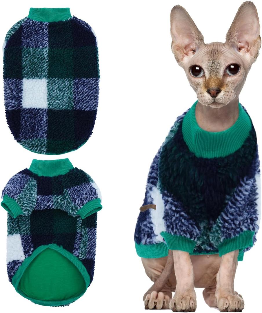Sphynx Cat Sweater, Soft Fleece Pullover with Sleeves, Warm & Elastic Pet Clothes for Hairless Cats and Small Kittens, Cozy Winter Outfit Green L