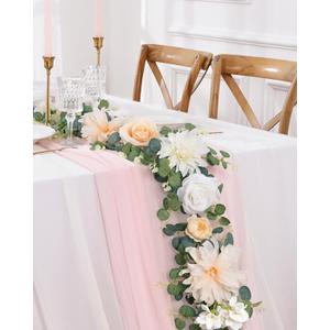 Waipfaru 6.07Ft Eucalyptus Greenery Garland with Flowers, Dusty Blue and White Rose Flower Vines for Wedding Table Runner Centerpieces Backdrop Room Decor (1 Pack, Champagne)