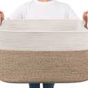 Goodpick Large Woven Blanket Basket, 21.6" x 14.9" x 11.8" Storage Baskets for Organizing, Rectangle Cotton Rope Toy Basket for Living Room, Bedroom, White & Brown