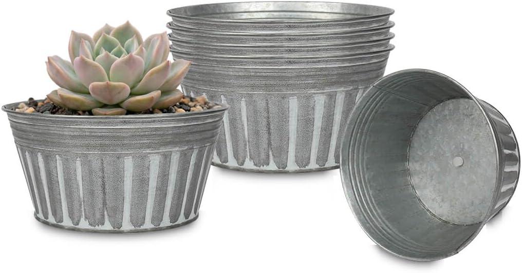 vensovo 6 Inches Silver Metal Rustic Plant Pots - 6Pcs Shallow Galvanized Planters with Drain Hole and Rubber Plug, Rustproof Tin Bucket Succulent Pot Indoor Farmhouse Vintage Style for Decor