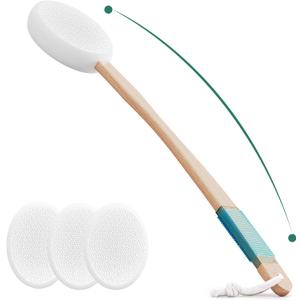 Back Lotion Applicator with 4 Replaceable Pads, Lotion Applicator for Back Self Elderly, Women, Sunscreen Applicator for Cream with 17" Curved Handle Easy to Target Back and Feet, White