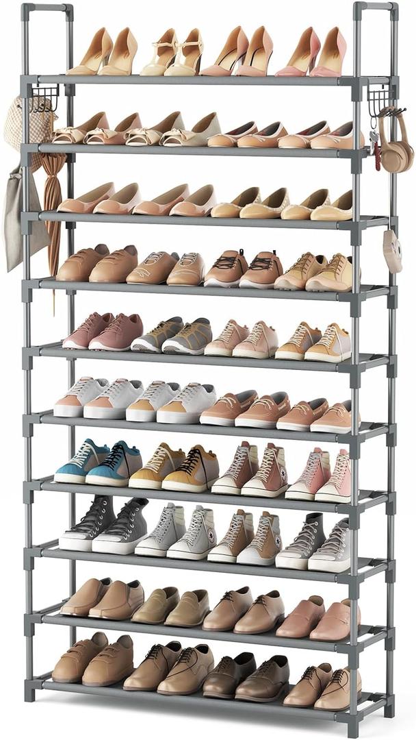 VTRIN 10 Tiers Shoe Rack Tall Large Capacity Wide Shoe Organizer Sturdy Shoe Shelf for Entryway with Two Hooks Metal Shoe Storage for Closet, Bedroom, Grey