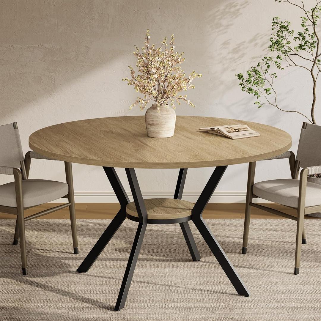 MECHYIN 42'' Round Dining Table for 2–4, Farmhouse Round Kitchen Table with Storage Shelf, Pedestal Dinner Table, Wood Top & Metal Base, Small Space Table for Apartment, Dining Room, Light Oak