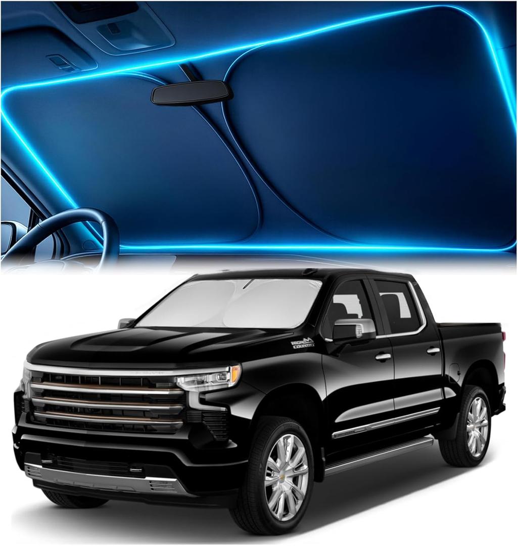 Windshield Sun Shade for Chevrolet Silverado 2019-2026  Custom Fit Sun Shield with Mirror CutOut, Blocks Heat & UV, Foldable with Storage Pouch - Chevy Silverado Windshield Sunshade