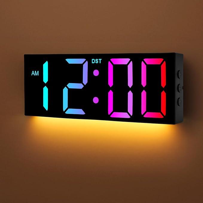 Alampan 12" Large Digital Wall Clock with Remote Control, USB Powered, Corded RGB LED Clock with Full Screen Display, Big Numbers, for Classroom, Living Room, Elderly, Wall Mounted, DST, KSJ01, Black