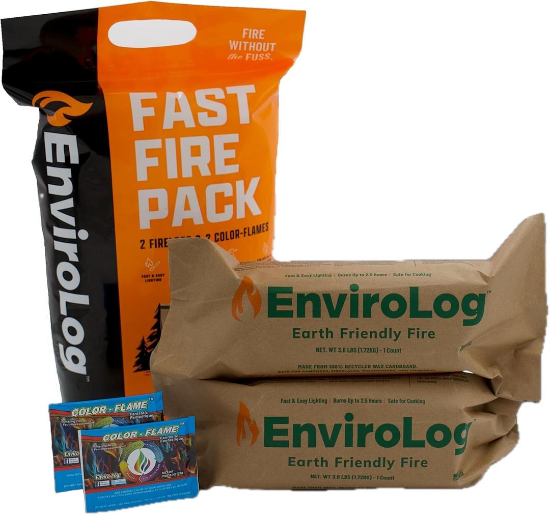 EnviroLog Fast Fire Pack, Includes 2 Fire Logs & 2 Color Flame Packets, for Indoor or Outdoor Fireplace, Fire Pit, Bonfire, and Camping - Safe and Sustainable