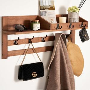 Coat Rack Wall Mount with Shelf - Wooden Entryway Organizer for Hanging Coats, Keys, Hangers - Space Saving Durable Wood Holder for Hallway, Bedroom, Office-The Essential Model
