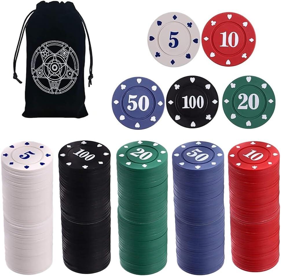 IXIGER 200Pcs Poker Chips, Poker Chips Set with Denominations for Card Board Game, Plastic Game Chips with Black Velvet Pouch Bag, Game Night Party Supplies (White - 200pcs Set, Red - 200pcs Set, Green - 200pcs Set, Blue - 200pcs Set, Black - 200pcs Set)