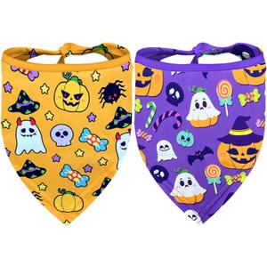 Halloween Dog Bandanas 2 Pack Multiple Adorable Halloween-Themed Patterns, Durable Fabric Halloween Pet Scarf, Suitable for Small, Medium, and Large Breed Dog' Halloween Party Dog Bandana