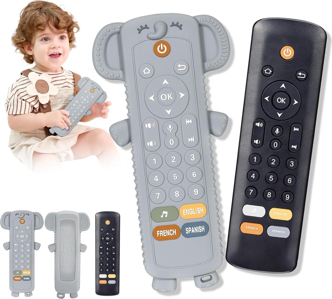 Baby Remote Control Toy with Silicone Teether Cover - Baby Musical Toys, Early Number Learning in 3 Languages (English, Spanish & French), Preschool Boys Girls Toys Gift 6, 12, 18 Months. (Gray Elephant Silicone Case + Black Remote Controls)