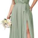 Raseal Women's Plus Size V Neck Long Bridesmaid Dresses with Belt Ruffled Chiffon Bridesmaid Dress with Split for Wedding Sage Green, Size 20W