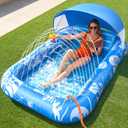 Inflatable Tanning Pool Lounger Float with Sprinkler & Canopy UPF50+, 77" x 48" Extra Large Tanning Pool Float for Adults, Sunbathing Water Lounge Bed with Pillow & Cup Holder for Backyard & Pool
