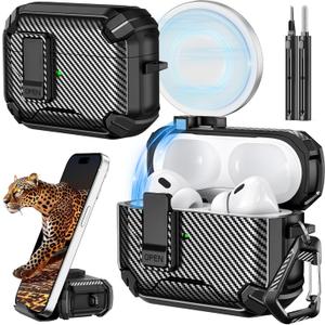 Inesore Compatible with AirPods Pro 2nd/1st Generation Case Cover with Phone Stand & Cleaning Kit, Compatible with Magsafe, Magnetic Automatic Lock for iPod Pro Charging Case(USB-C/Lightning Cable)