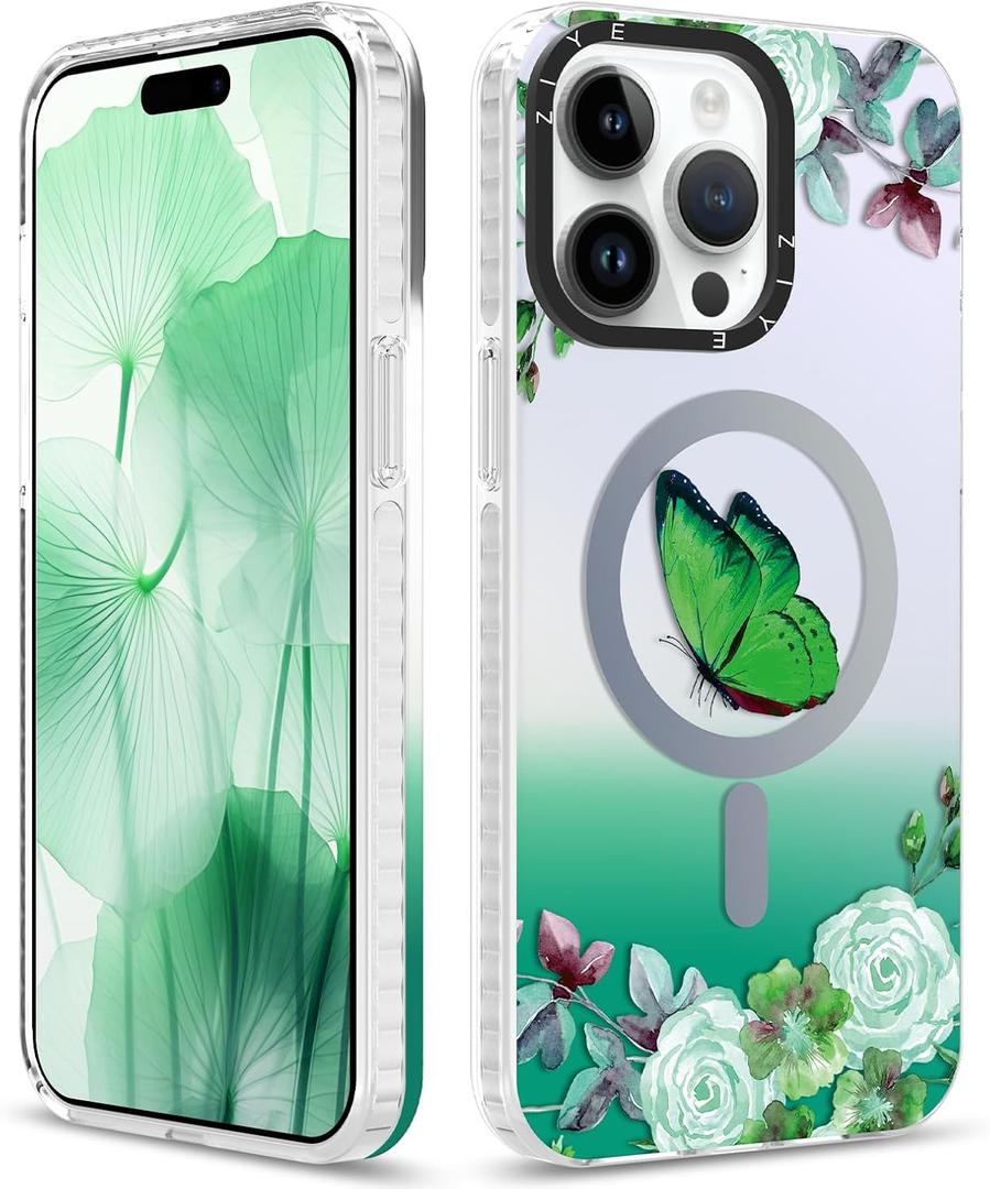 ZIYE Designed for iPhone 15 Pro Max Case for Women Girls [Compatible with MagSafe] Butterfly Flowers Magnetic Phone Case, Lens Camera Protection for 15 ProMax Phone Cover Frosted Green