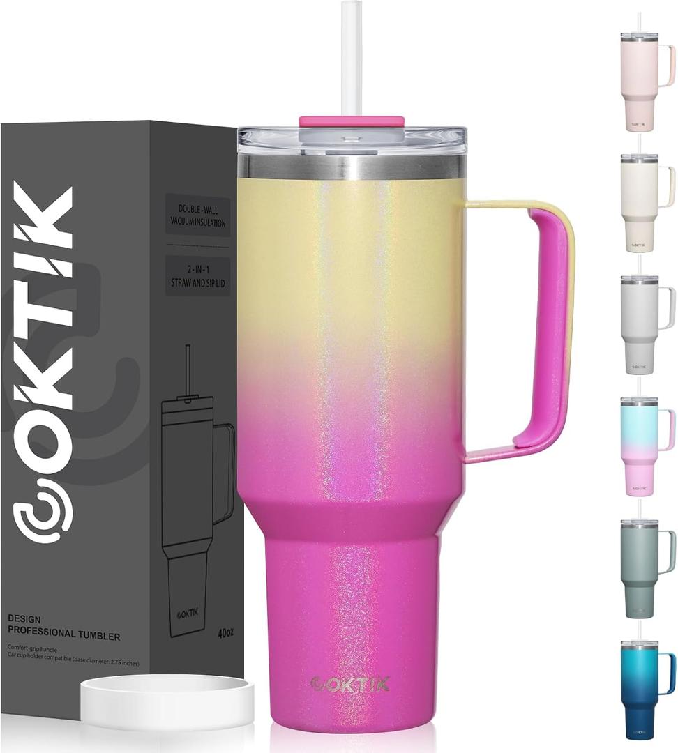 COKTIK 40 oz Tumbler With Handle and Straw, Insulated Tumbler With Leakproof Lids, Stainless Steel|BPA-Free, Cold for 24 H (Glitter Rainbow)
