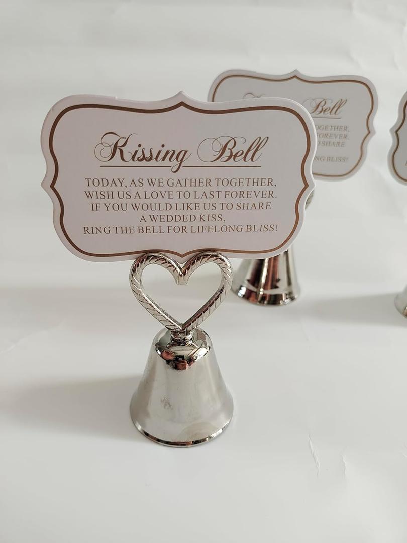 Silvery Bell 10Pcs Kissing BellSilver Bell Seat Table Card HolderPlace Card Holders, Table Number HolderPhoto Holders, Party Favors, Wedding Decorations (Silvery Bell)