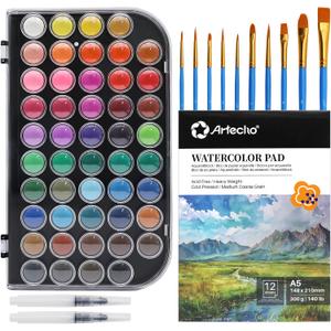 Artecho 48 Colors Watercolor Paint Set with Pad | 10 Paint Brushes, A5 Watercolor Paper Pad, 2 Watercolor Pens, Washable, Adult Set, 213 Count