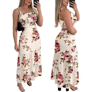 CHICME Summer Dresses for Women 2026 Sleeveless Casual Boho Maxi Dress Square Neck Cut Out Floral A Line Dress, Large